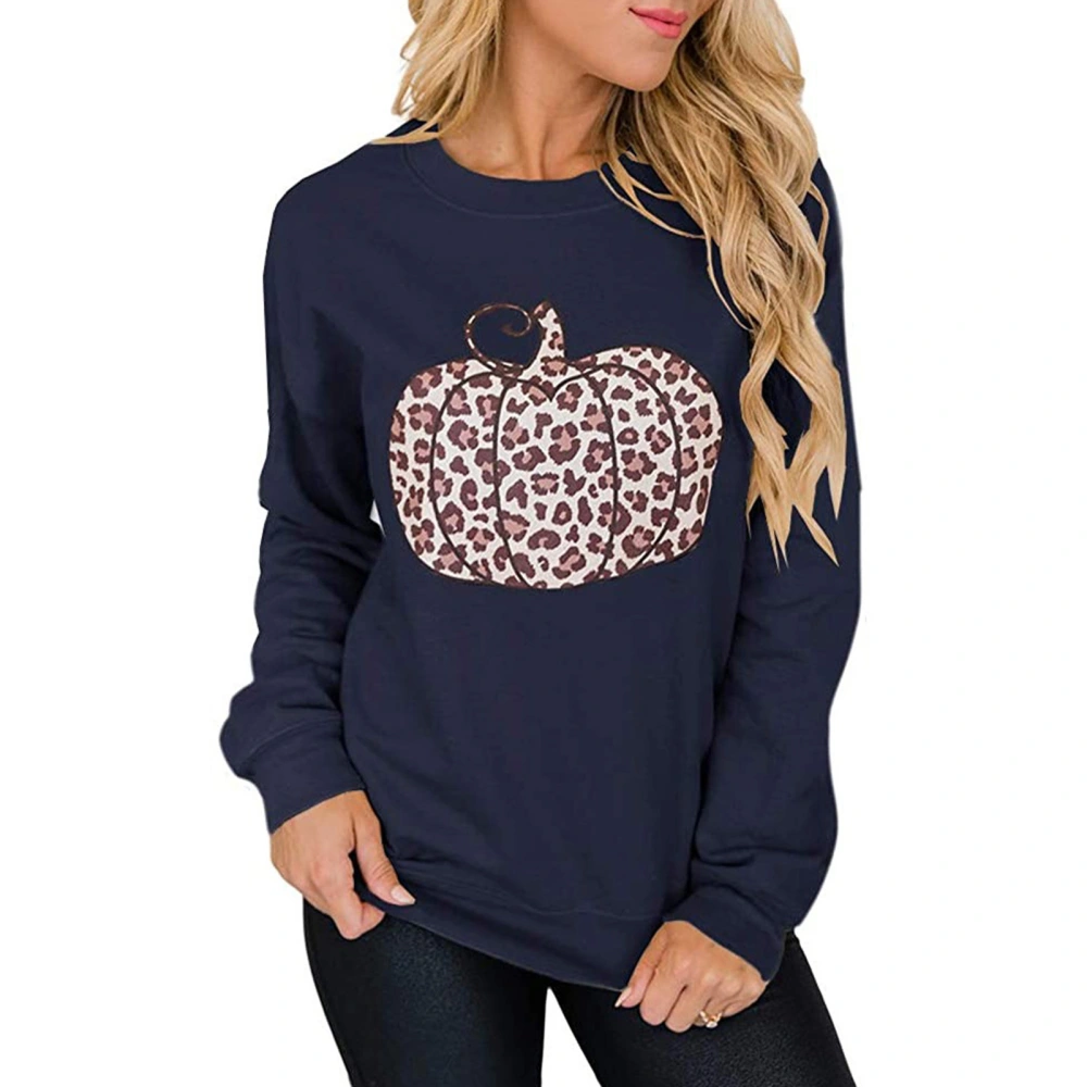 Women Halloween Leopard Print Pumpkin Sweatshirt Crewneck Long Sleeve Women Halloween Pullover Purplish Blue XXL