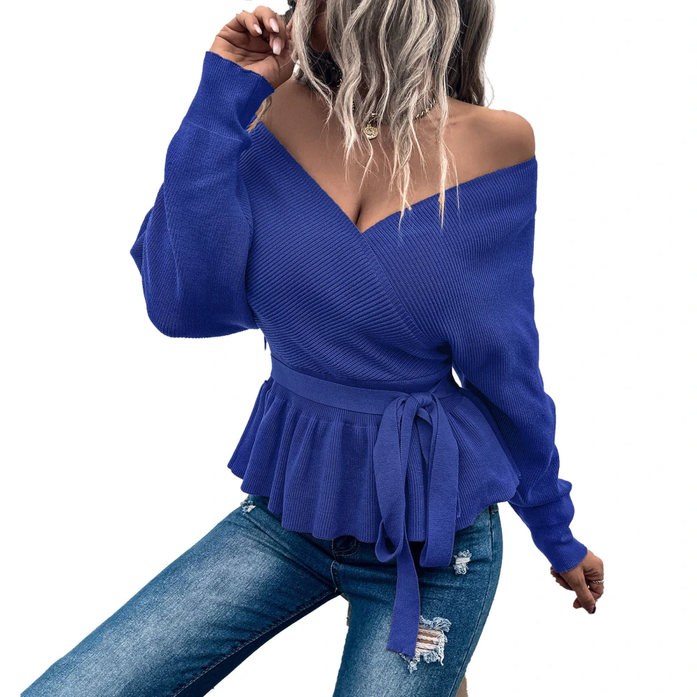 Women V Neck Long Sleeve Sweater Fashionable Casual Low Cut Bind Waist Back Hollow Out Women Autumn Winter Sweater Top Blue M