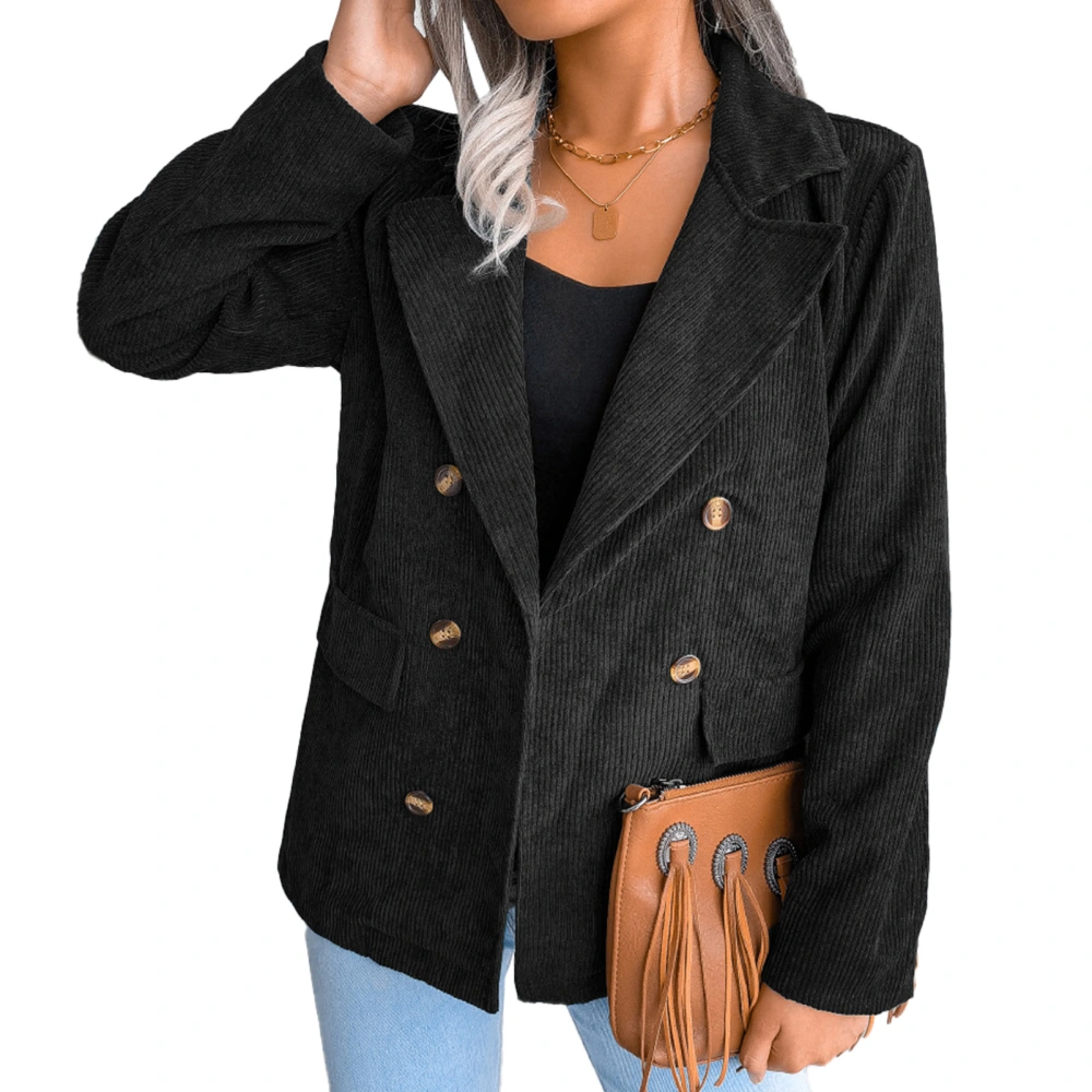 Women Corduroy Blazer Double Breasted Long Sleeve Casual Jacket Blazer Fashionable Skin Friendly Jacket Black S