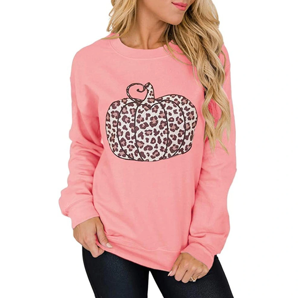 Women Halloween Leopard Print Pumpkin Sweatshirt Crewneck Long Sleeve Women Halloween Pullover Pink L