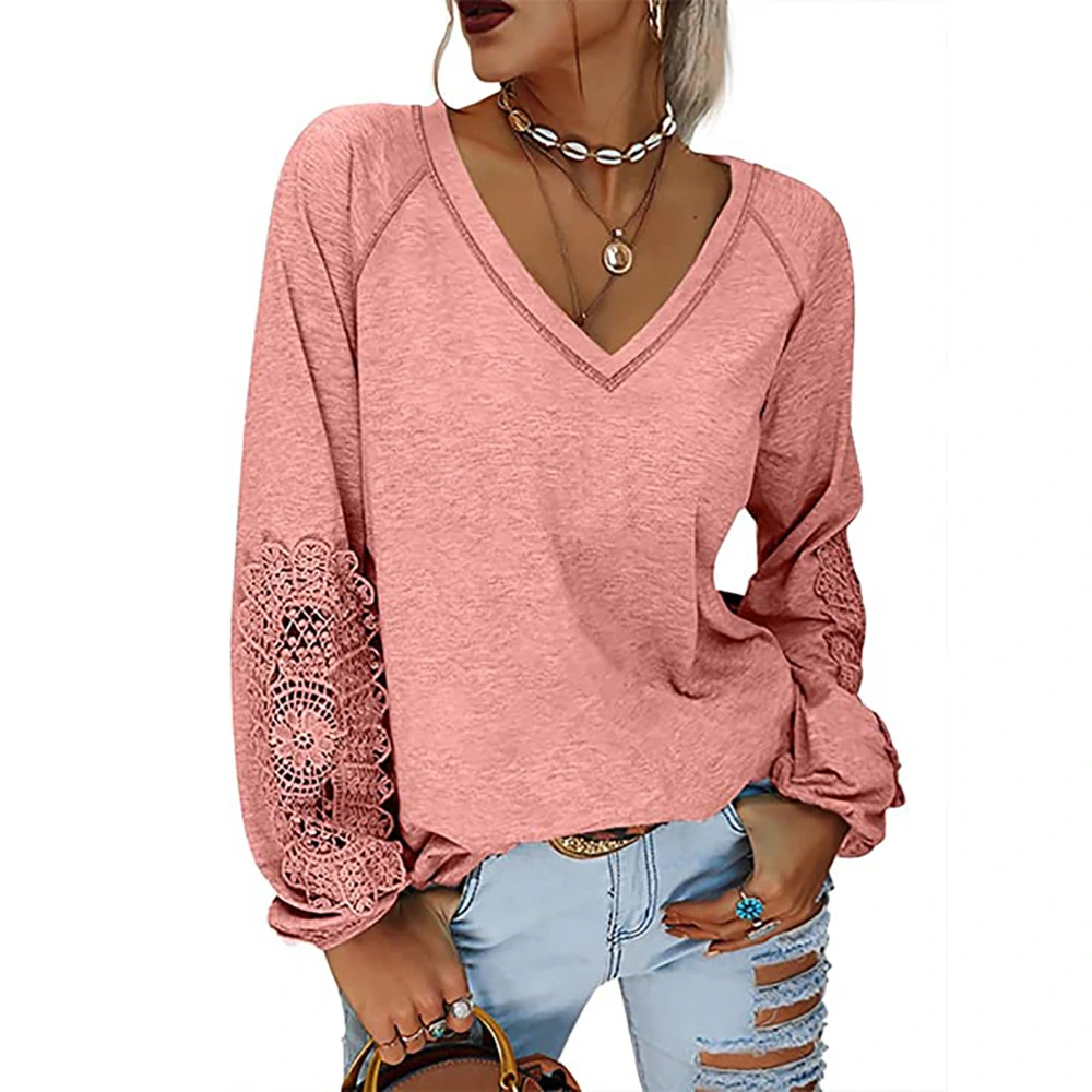 Women Top V Neck Lantern Long Sleeve Lace Fashionable Breathable Casual Fit Blouse Pink XXL