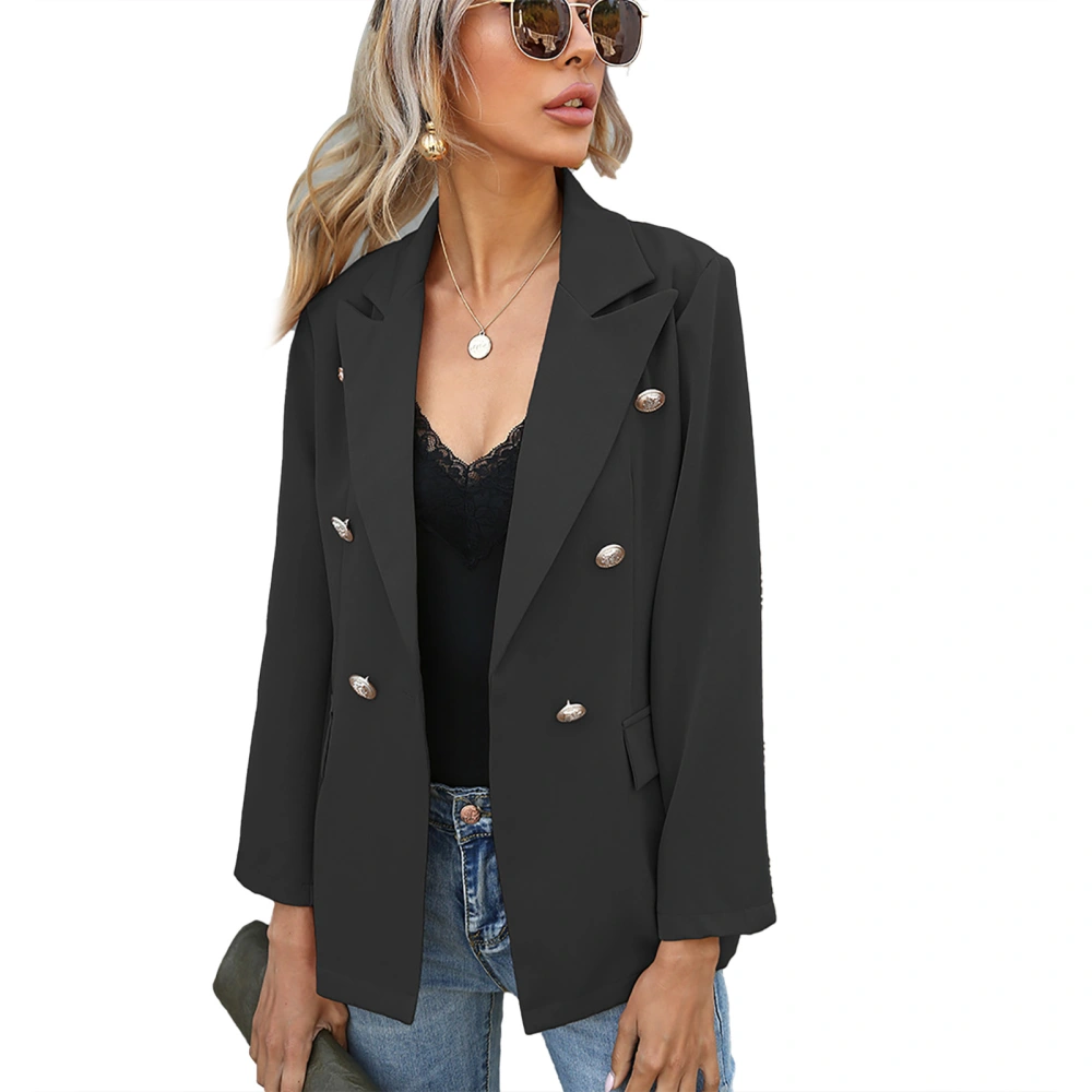 Women Suit Jacket V Neck Collared Long Sleeves Fake Pockets Button Women Casual Suit Jacket Black S