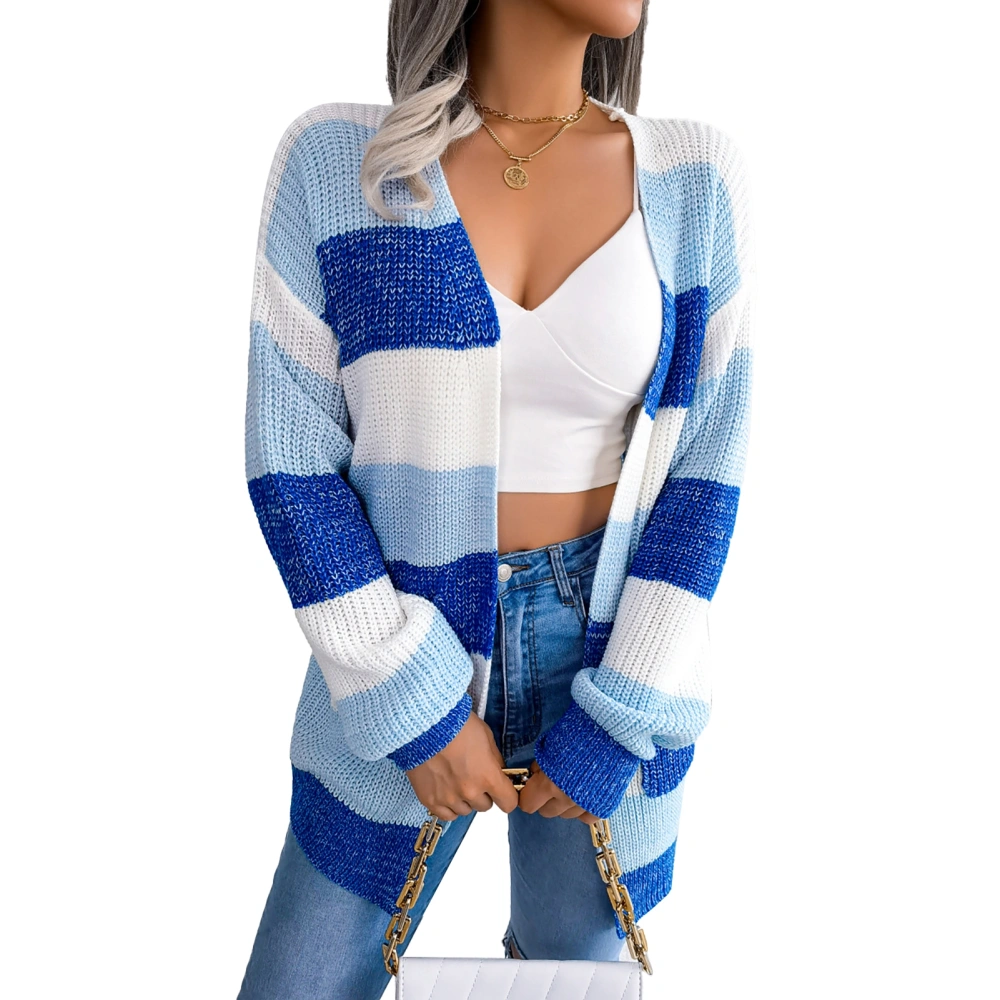 Women Open Front Cardigan Striped Color Block Long Sleeve Knit Sweater Outwear Coats for Fall Winter Blue L