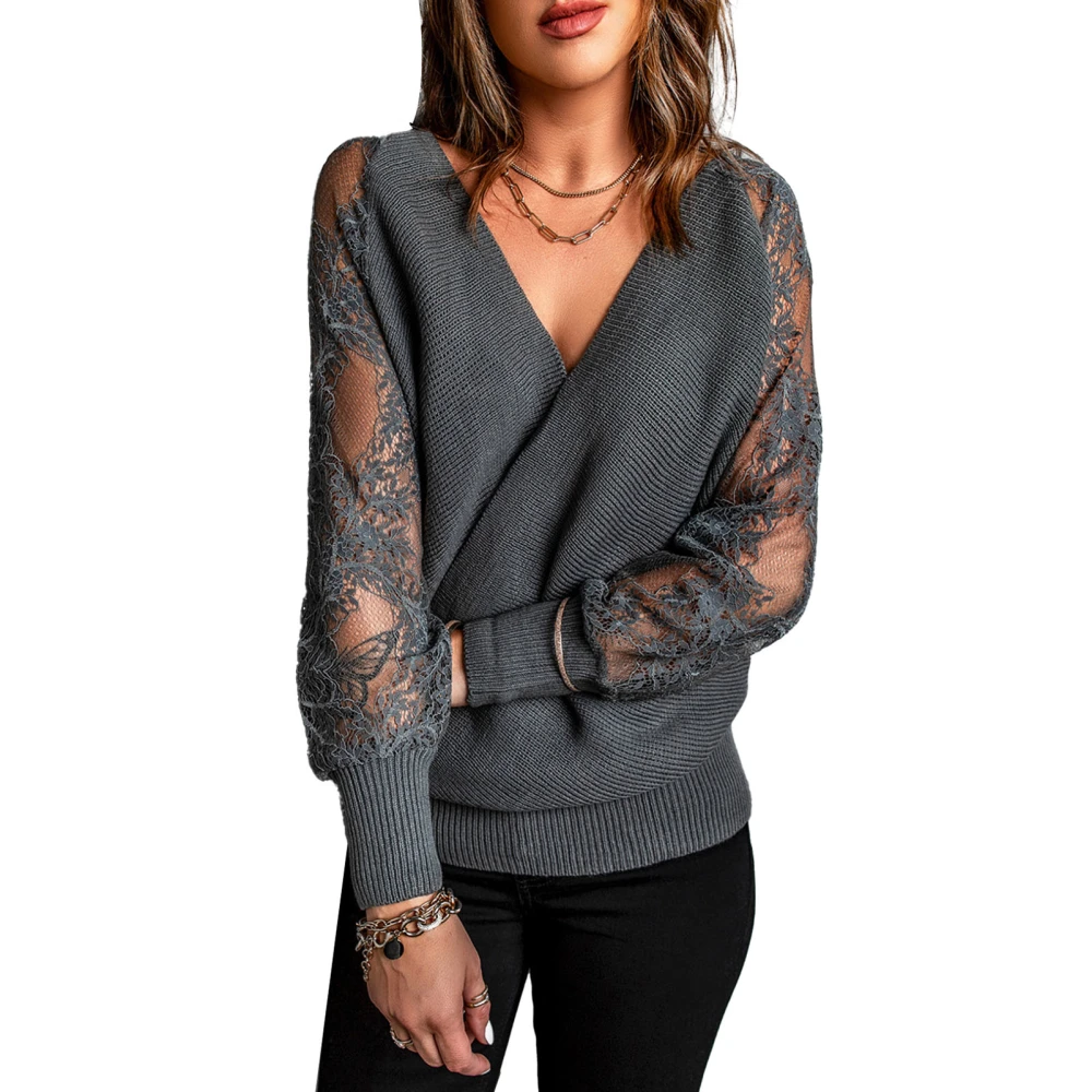 Women V Neck Sweater Cross Design Lace Stitching Long Sleeve Knit Top Shirt Loose Sweater for Fall Winter Gray XXL