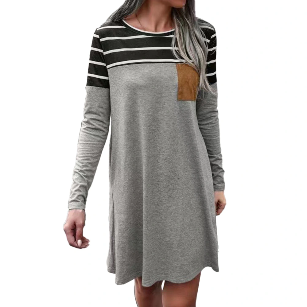 Short Dress Long Sleeve Pocket Pinstripes Stitching Crewneck Fashionable Casual Fit Dress for Lady Grey XL