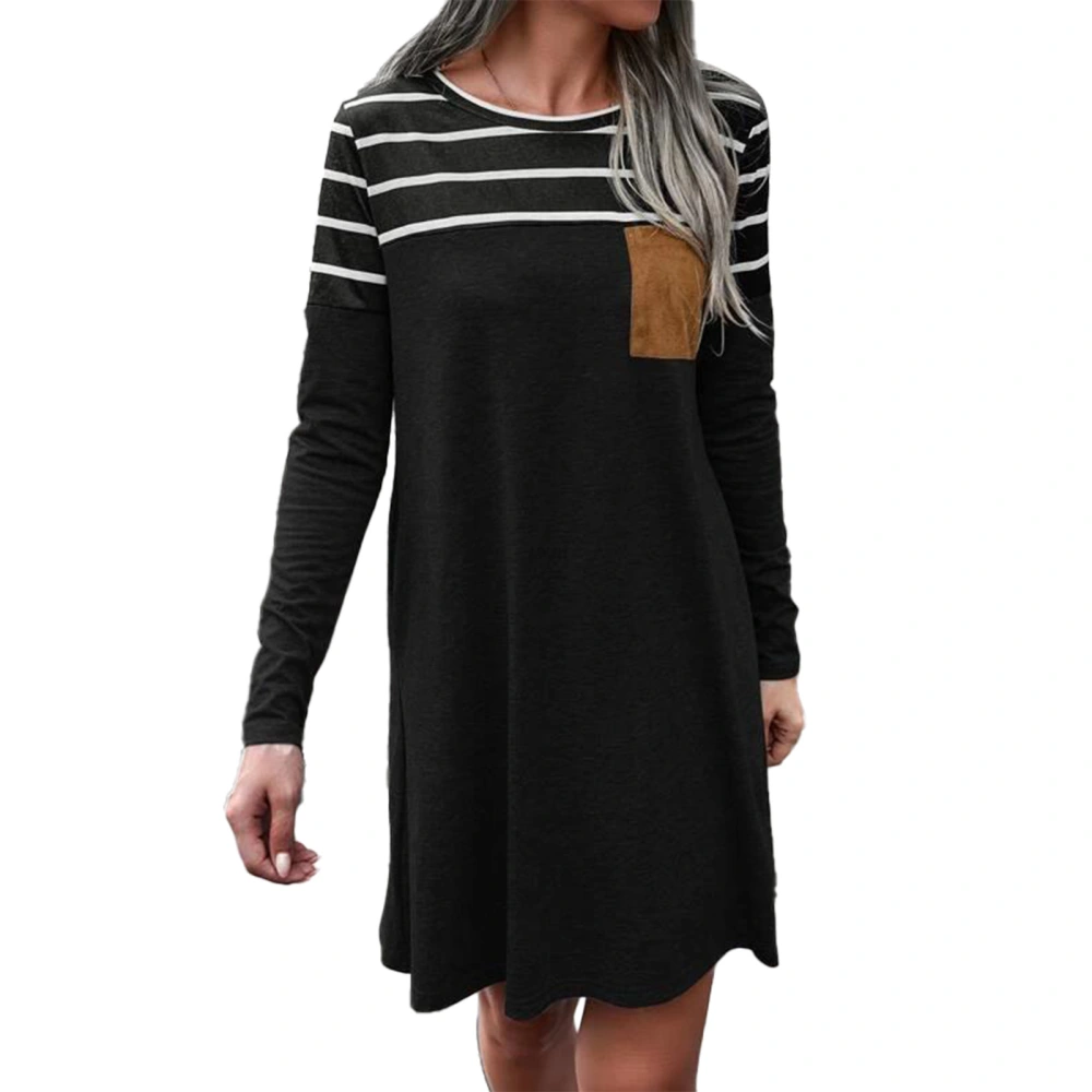 Short Dress Long Sleeve Pocket Pinstripes Stitching Crewneck Fashionable Casual Fit Dress for Lady Black L