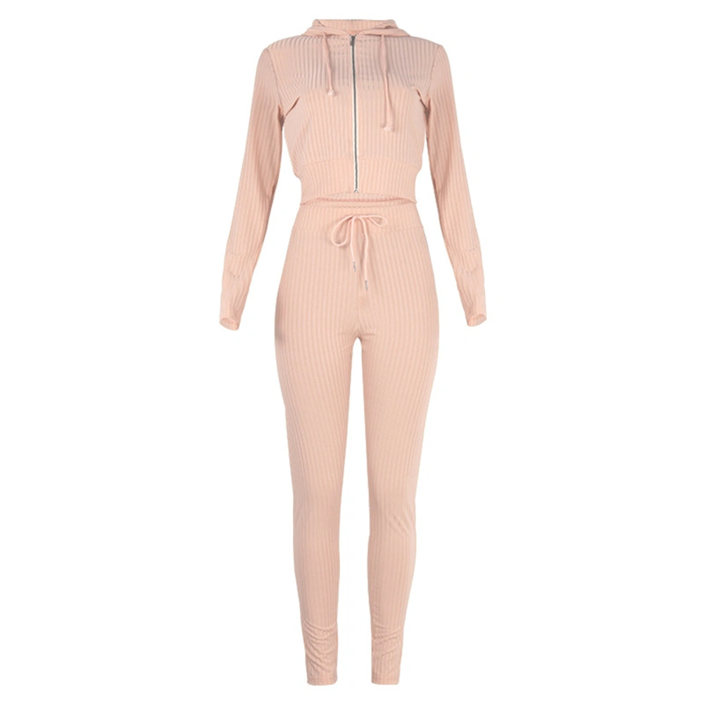 Women Sweatsuits Hooded Zipper Long Sleeve Slim Elastic Drawstring Outfits for Women Light Pink L