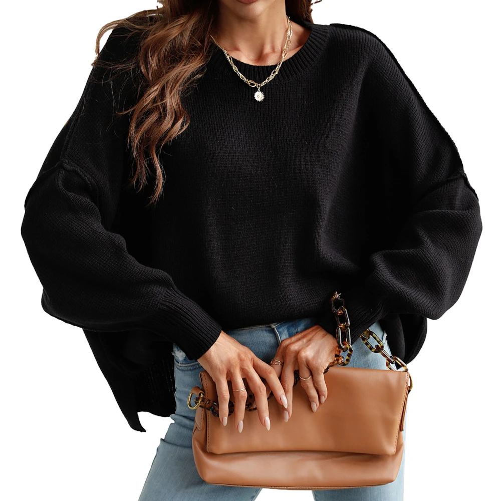 Round Neck Side Split Sweater Fashionable Loose Long Sleeve Jumper Top for Autumn Winter Black XL