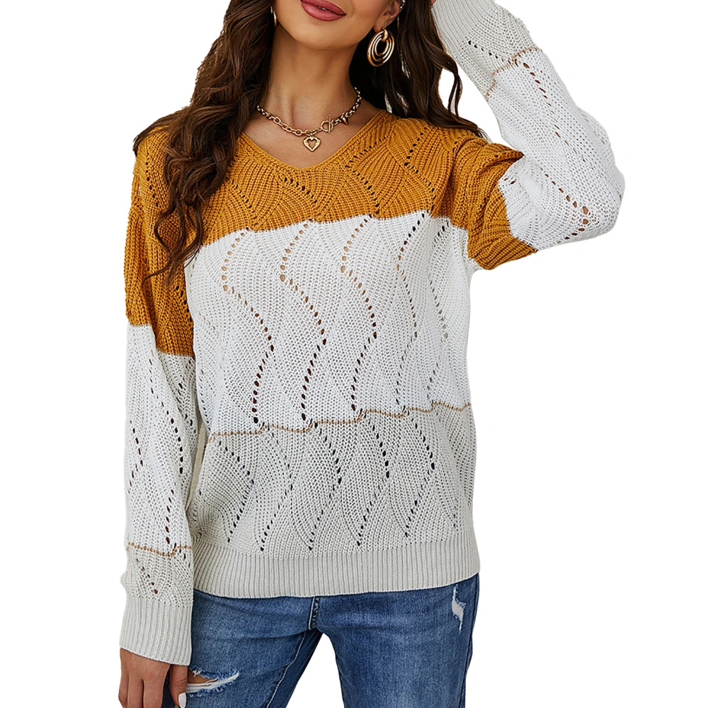 Striped Colorblock Knit Sweater Women Loose Casual Elegant Long Sleeve Crewneck Hollow Pullover Sweater Ginger L