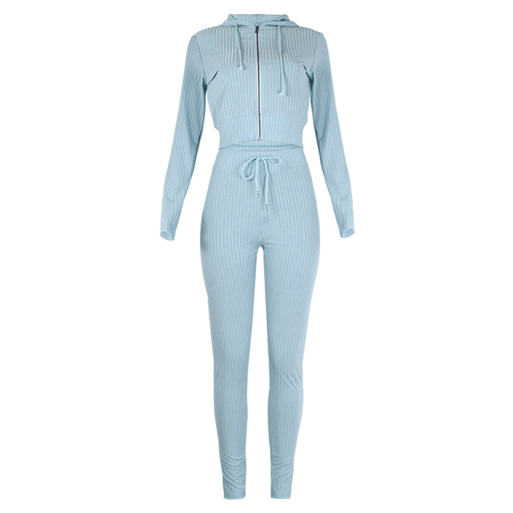 Women Sweatsuits Hooded Zipper Long Sleeve Slim Elastic Drawstring Outfits for Women Light Blue M