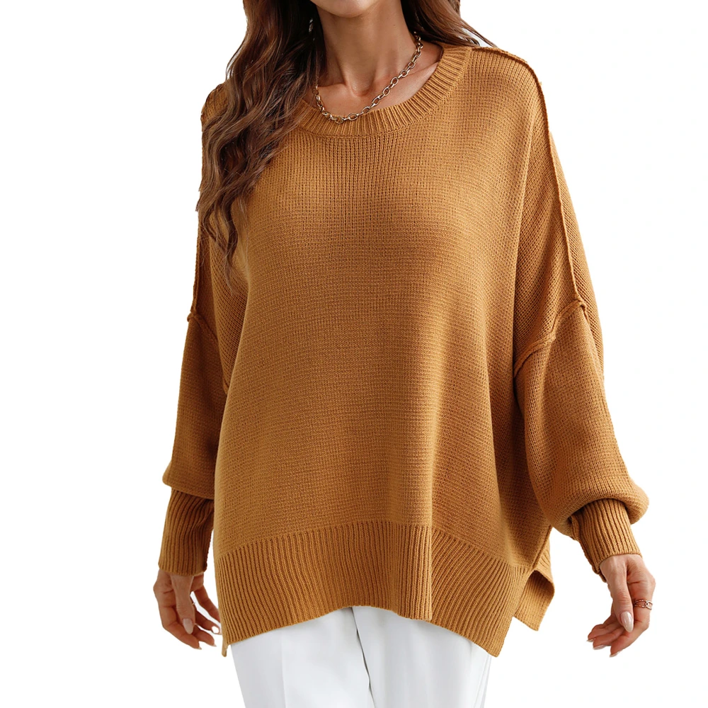 Round Neck Side Split Sweater Fashionable Loose Long Sleeve Jumper Top for Autumn Winter Yellow S