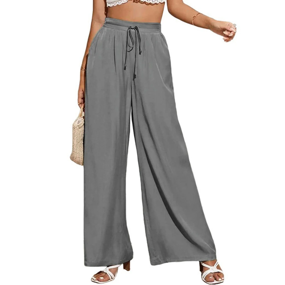 Women Pants Wide Leg Drawstring High Waist Pure Color Breathable Loose Long Trousers Grey XL