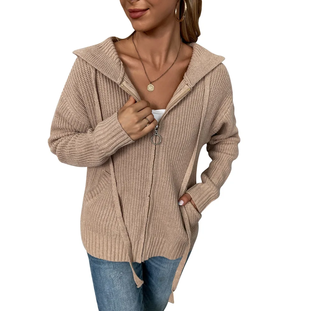 Sweater Cardigan Jacket Zipper Hooded Drawstring Pocket Long Sleeve Pure Color Jacket for Women Khaki S