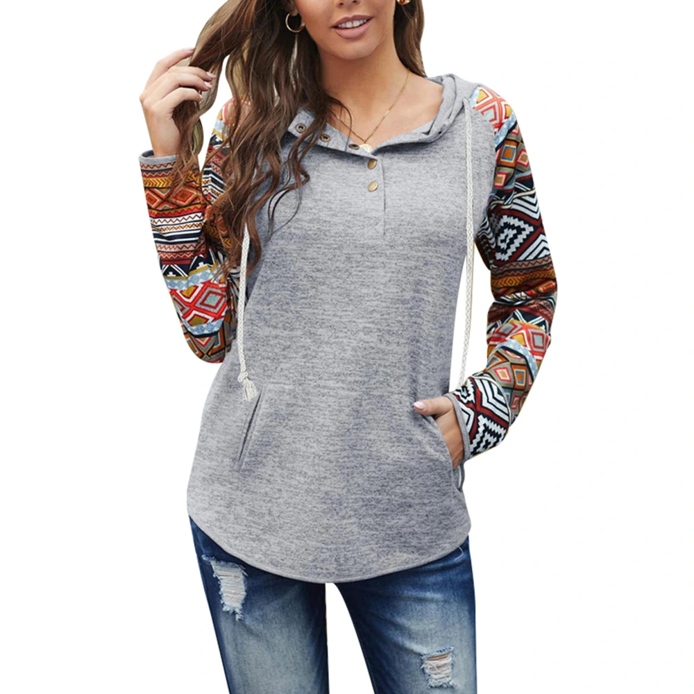 Women Pullover Hoodie Long Sleeved Printed Splicing Button Front Drawstring Fall Top for Winter Autumn Gray S