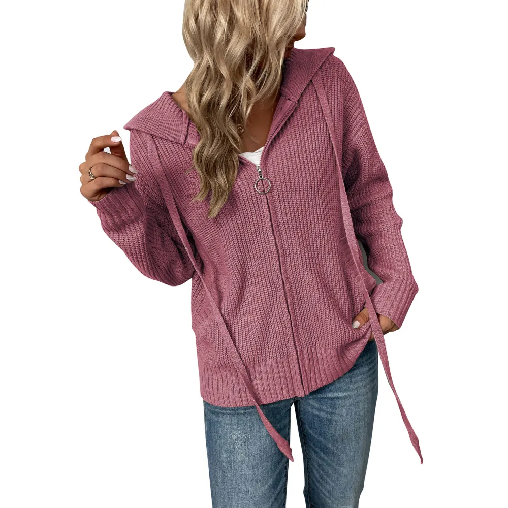 Sweater Cardigan Jacket Zipper Hooded Drawstring Pocket Long Sleeve Pure Color Jacket for Women Carmine Rose S