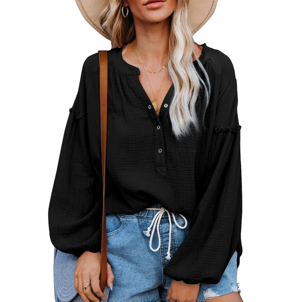 Women Blouse Ruffle Splicing Lantern Long Sleeve Button Down V Neck Pure Color Lady Casual Top Shirt for Autumn Black M