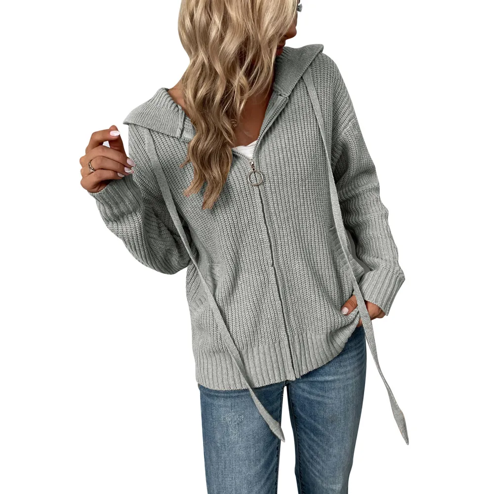 Sweater Cardigan Jacket Zipper Hooded Drawstring Pocket Long Sleeve Pure Color Jacket for Women Grey S