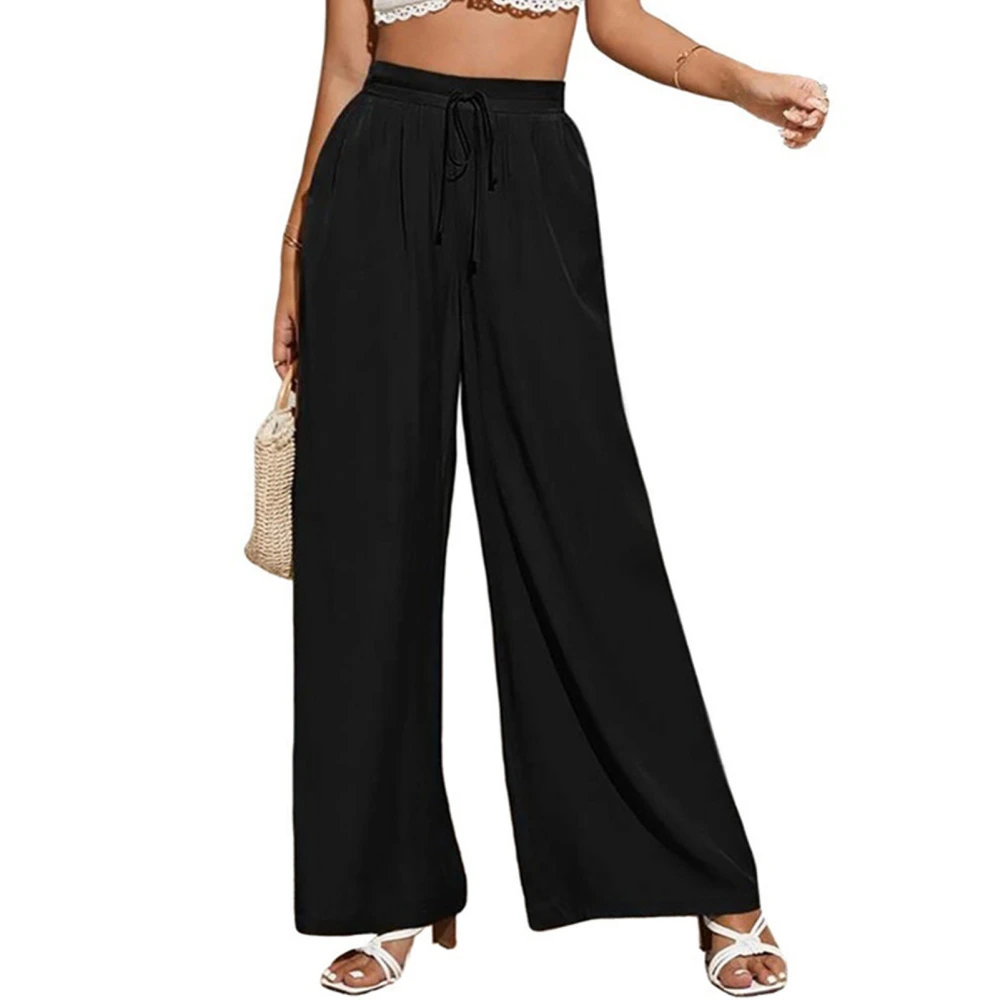 Women Pants Wide Leg Drawstring High Waist Pure Color Breathable Loose Long Trousers Black XL