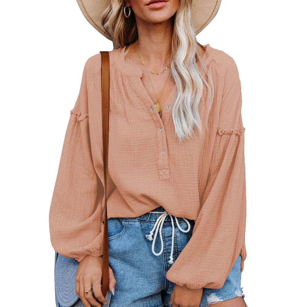 Women Blouse Ruffle Splicing Lantern Long Sleeve Button Down V Neck Pure Color Lady Casual Top Shirt for Autumn Pink L