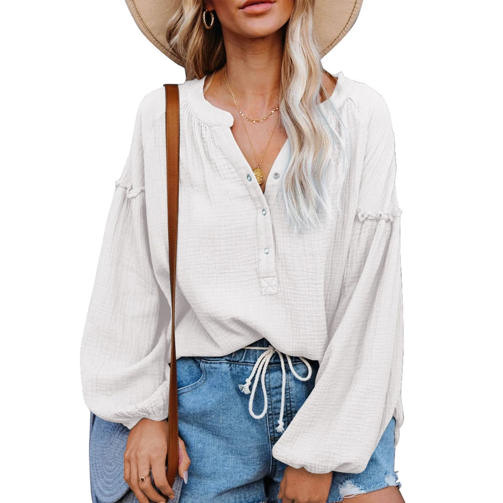 Women Blouse Ruffle Splicing Lantern Long Sleeve Button Down V Neck Pure Color Lady Casual Top Shirt for Autumn White 2XL