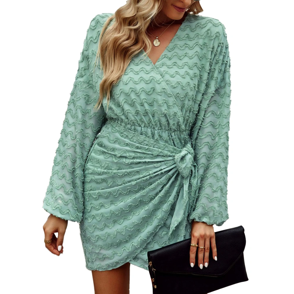 Package Hip Dress Cross Wrap V Neck High Waist Knot Elastic A Line Dress for Women Green M