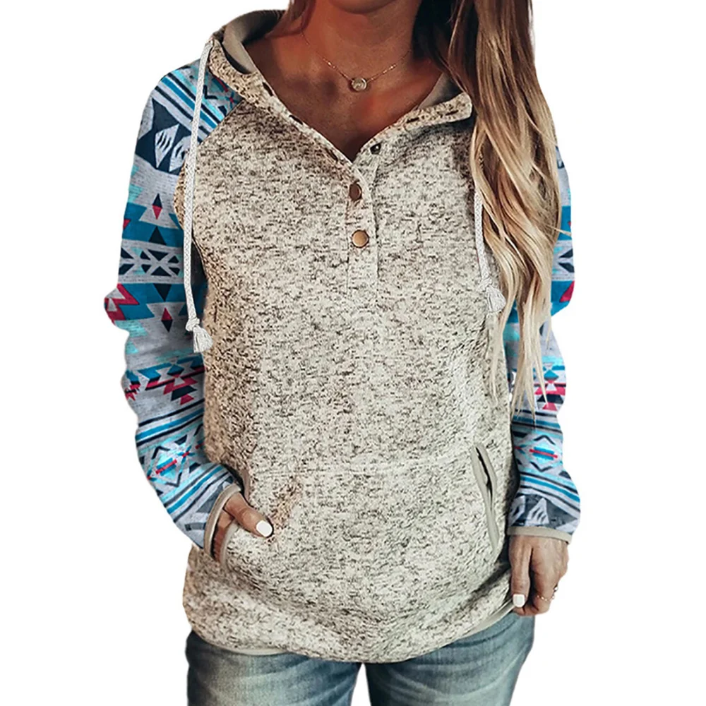 Women Pullover Hoodie Long Sleeved Printed Splicing Button Front Drawstring Fall Top for Winter Autumn Light Blue XXL