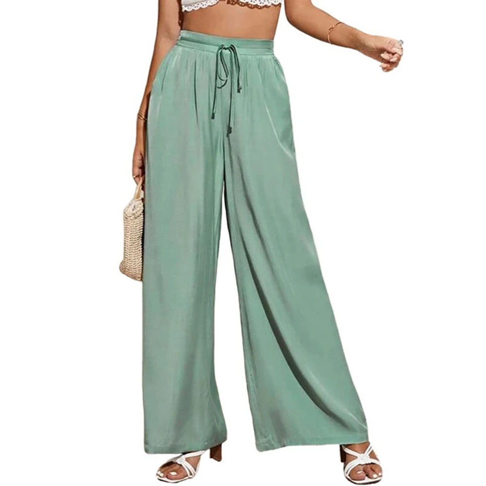 Women Pants Wide Leg Drawstring High Waist Pure Color Breathable Loose Long Trousers Green M