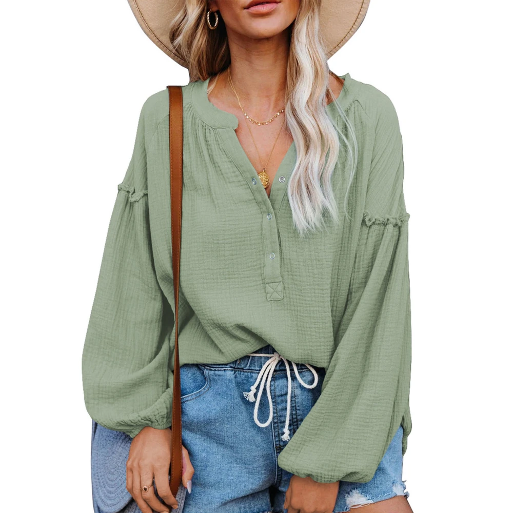 Women Blouse Ruffle Splicing Lantern Long Sleeve Button Down V Neck Pure Color Lady Casual Top Shirt for Autumn Green 2XL