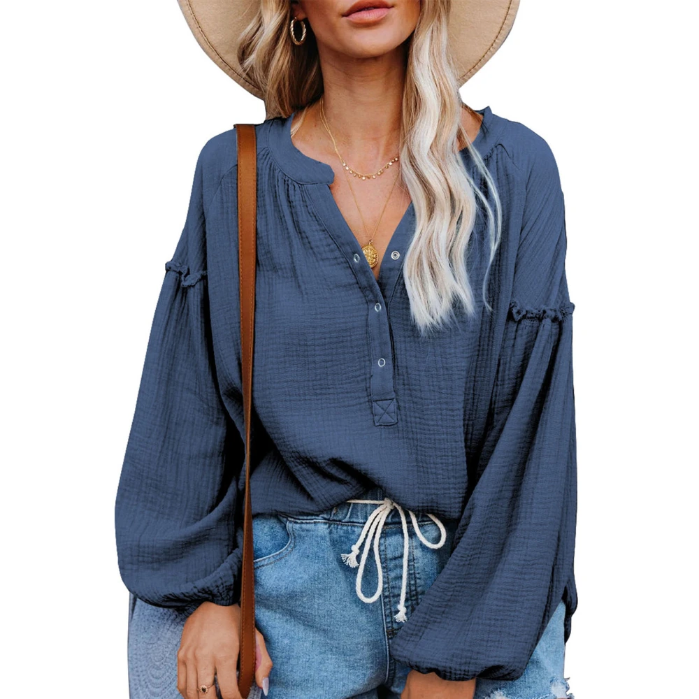 Women Blouse Ruffle Splicing Lantern Long Sleeve Button Down V Neck Pure Color Lady Casual Top Shirt for Autumn Blue 2XL