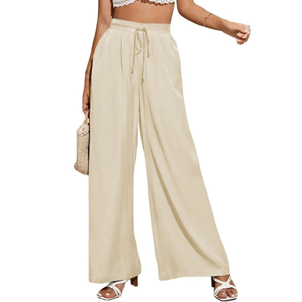 Women Pants Wide Leg Drawstring High Waist Pure Color Breathable Loose Long Trousers Apricot S