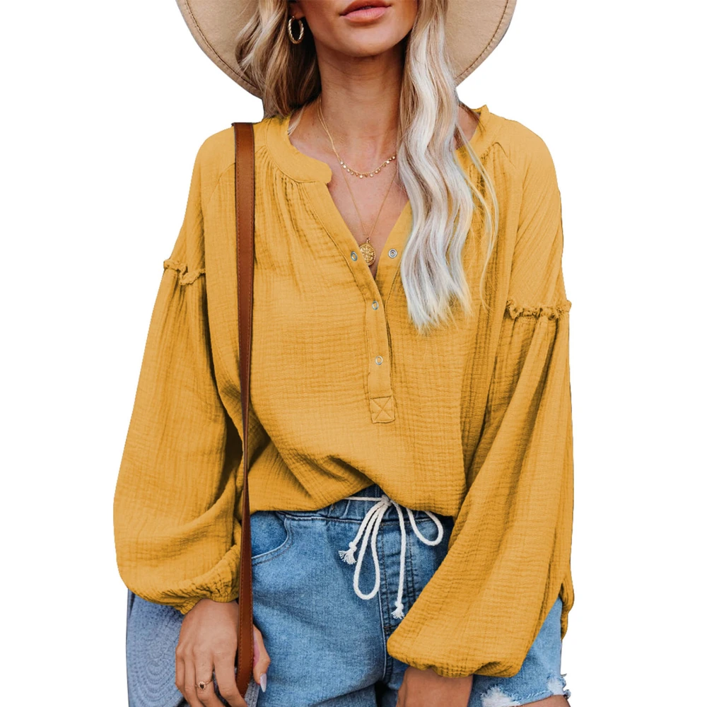 Women Blouse Ruffle Splicing Lantern Long Sleeve Button Down V Neck Pure Color Lady Casual Top Shirt for Autumn Yellow L