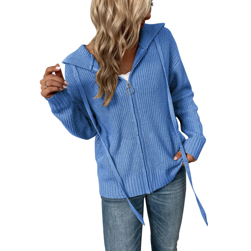 Sweater Cardigan Jacket Zipper Hooded Drawstring Pocket Long Sleeve Pure Color Jacket for Women Blue M