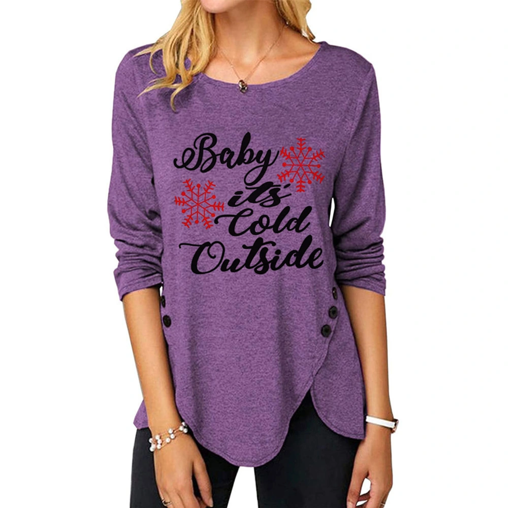 Blouse Print Round Neck Irregular Hem Button Long Sleeve Fashionable Tops for Women Purple S