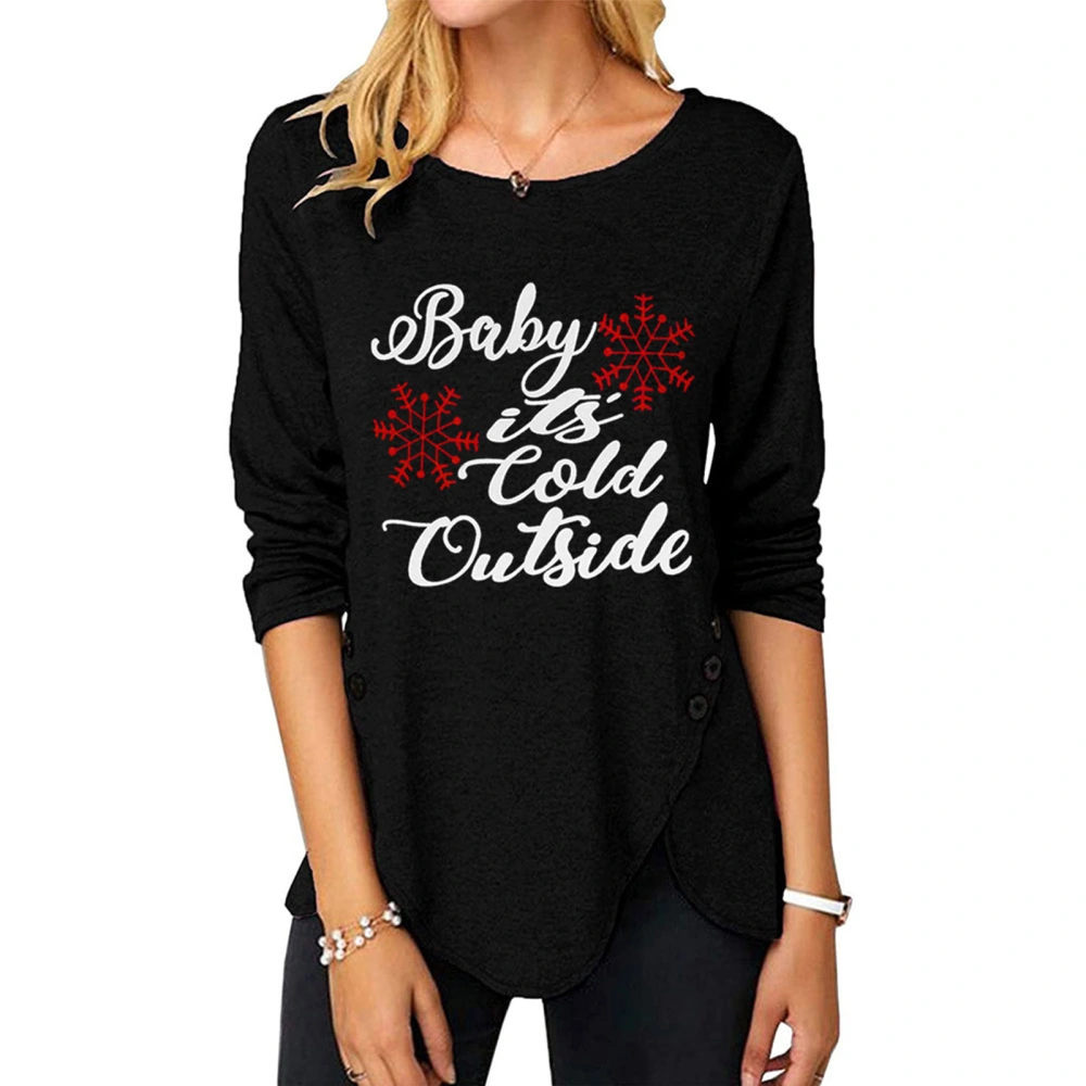 Blouse Print Round Neck Irregular Hem Button Long Sleeve Fashionable Tops for Women Black L