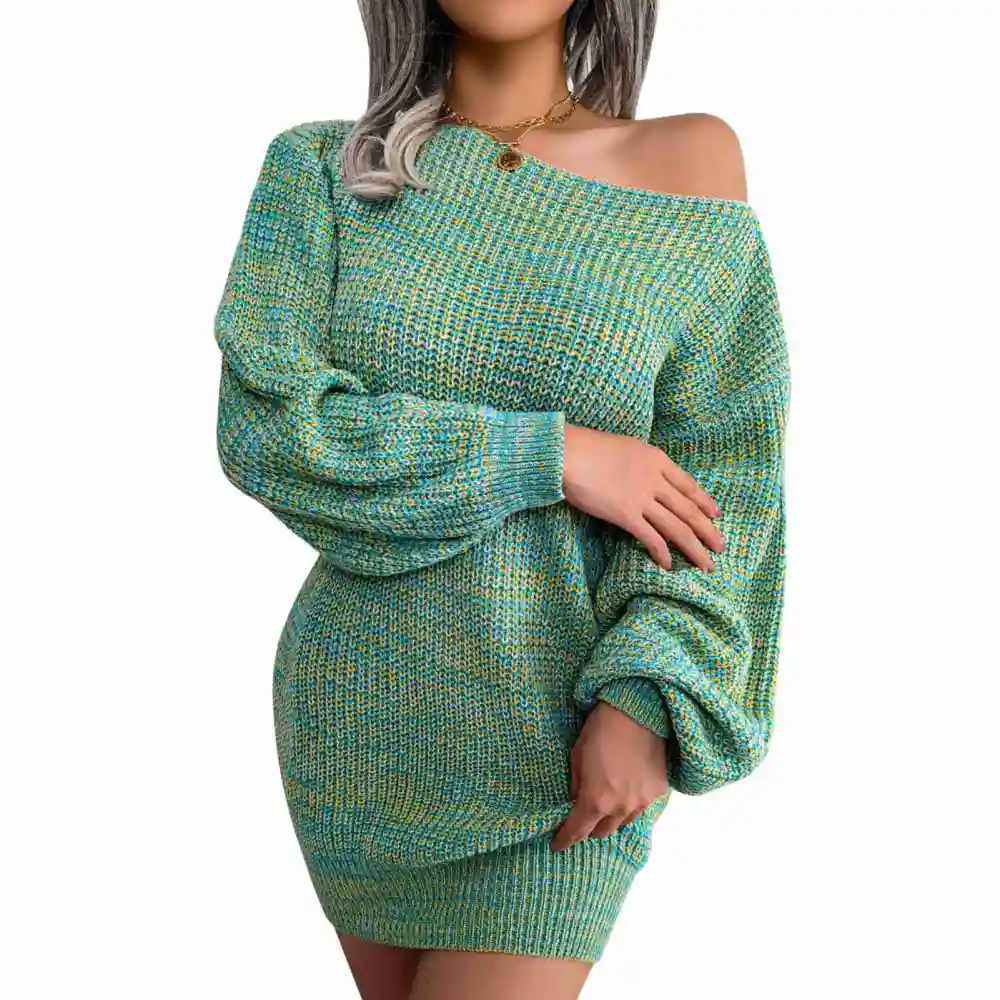 One Shoulder Sweater Dress Package Hip Puff Long Sleeve One Line Collar Knitted Sweater for Women Blue M