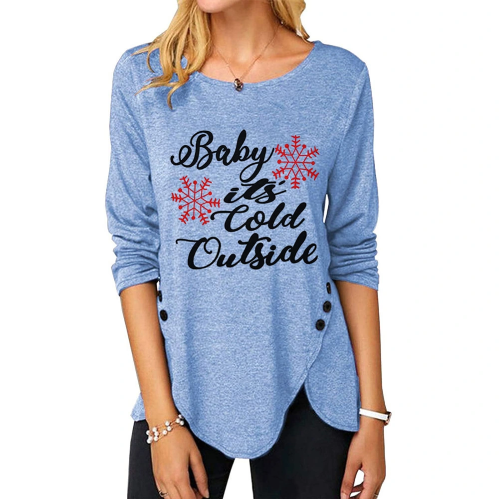 Blouse Print Round Neck Irregular Hem Button Long Sleeve Fashionable Tops for Women Sky Blue XL