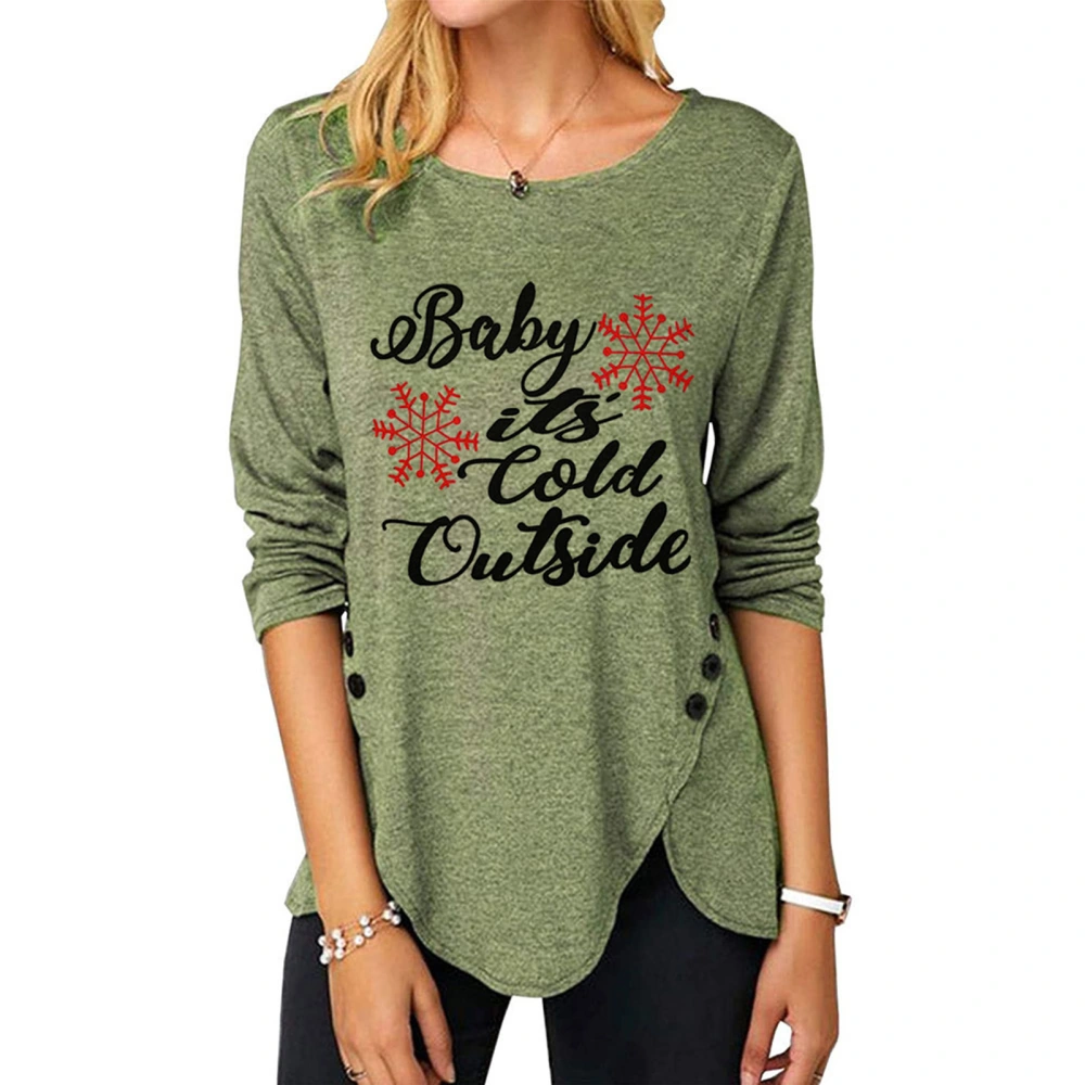 Blouse Print Round Neck Irregular Hem Button Long Sleeve Fashionable Tops for Women Pea Green L