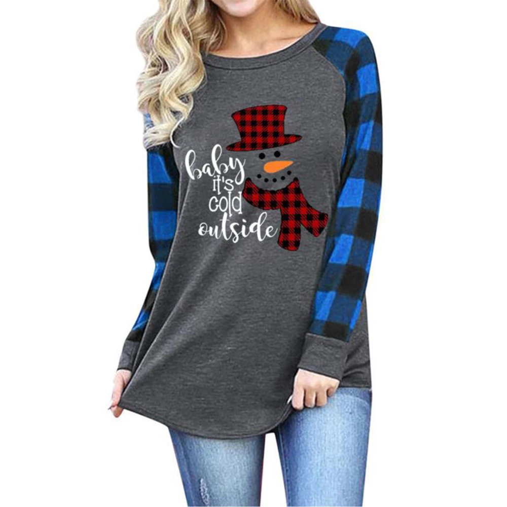 Christmas Snowman Long Sleeve Plaid Top Round Neck Women Plaid Splicing Blouse for Girls Grey Blue S