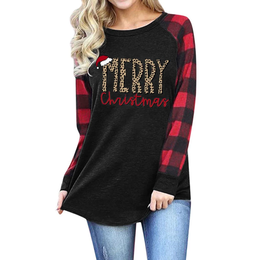 Women Christmas Tee Shirts Crewneck Plaid Long Sleeve Splicing Casual Pullover Holiday Baseball Tops Type 2 L