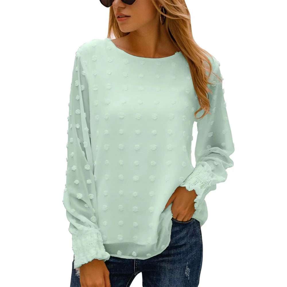 Long Sleeve Blouse Round Neck Loose Fit Soft Breathable Pure Color Women Casual Top for Work Date Shopping Green M