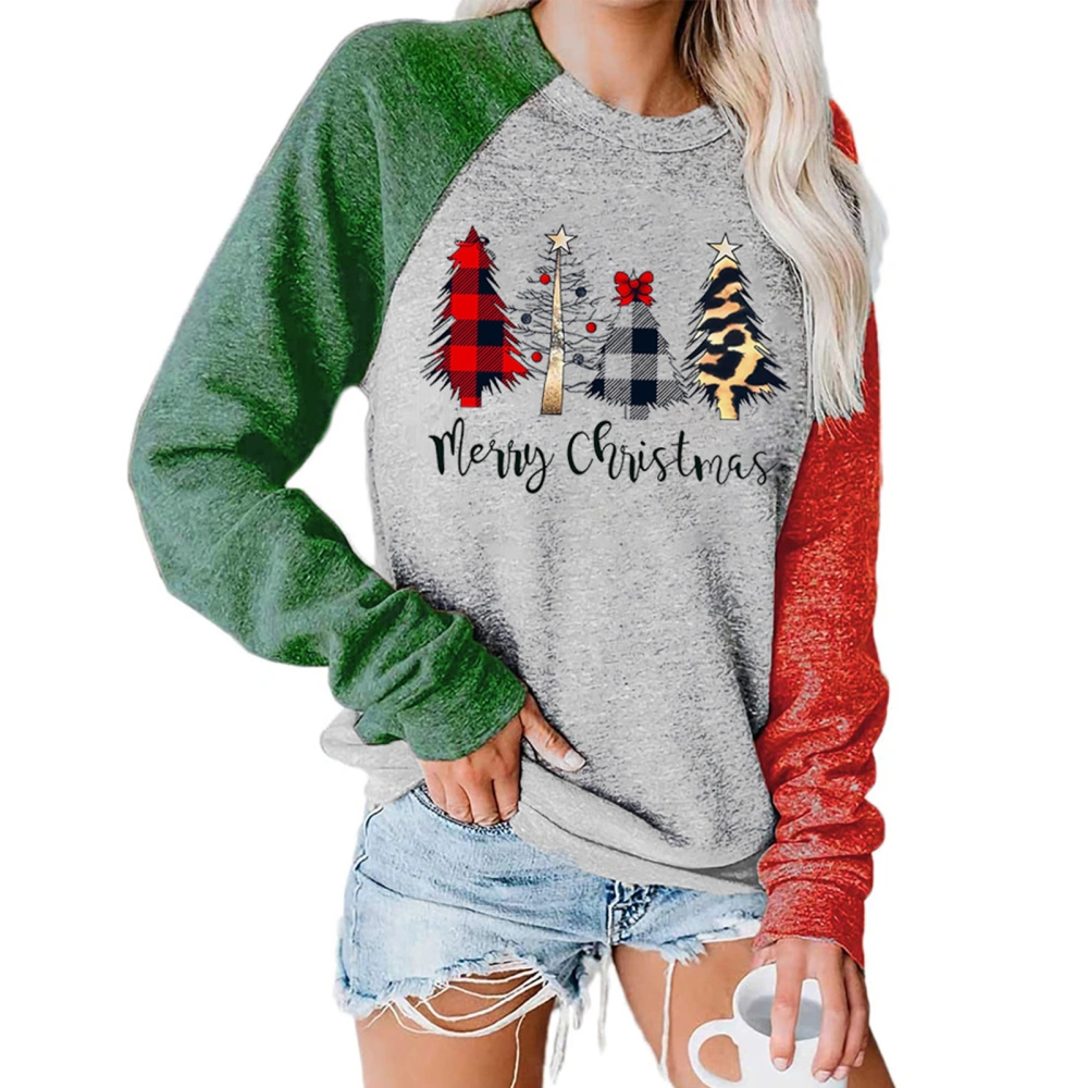 Women Sweatshirt Christmas Print Pattern Color Splicing Round Neck Long Sleeve Hoodie for Daily Green Red Sleeves M