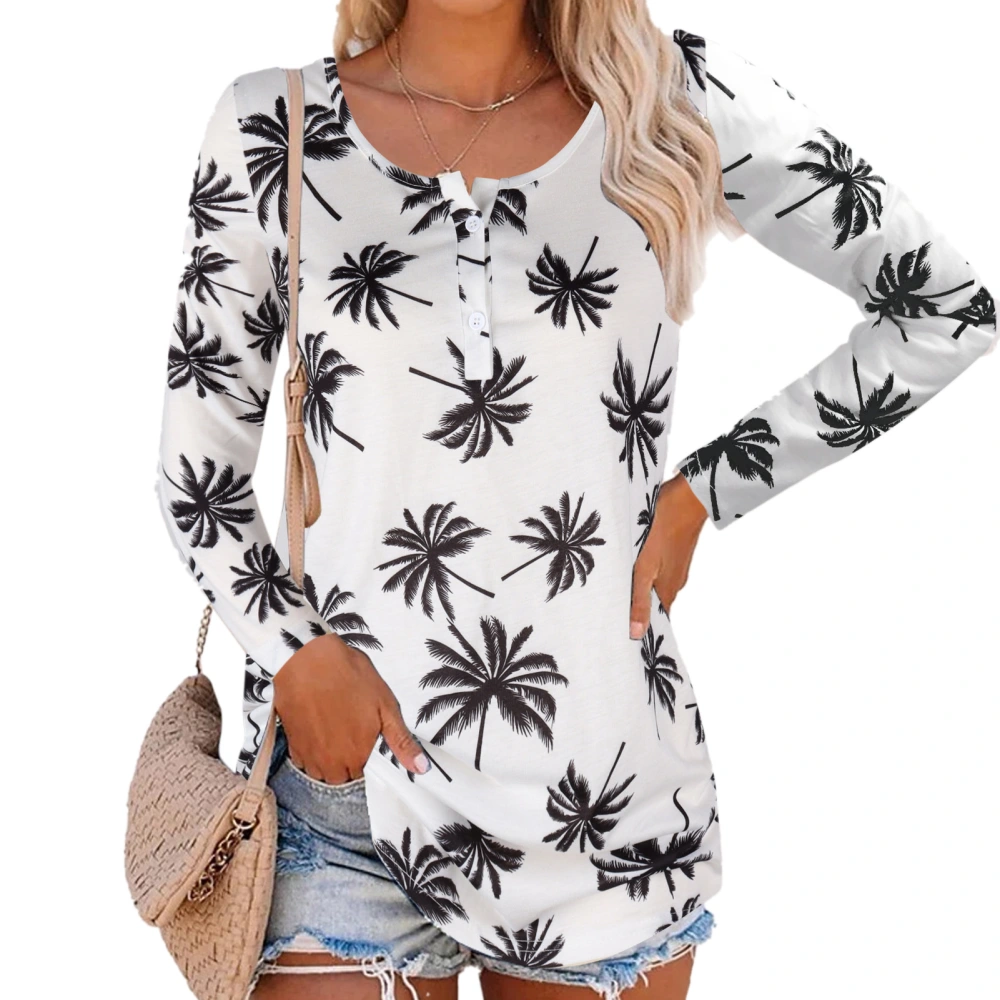 Loose Fit Blouse Round Neck Long Sleeves Print Women Casual Top Button Women Casual Top White XL