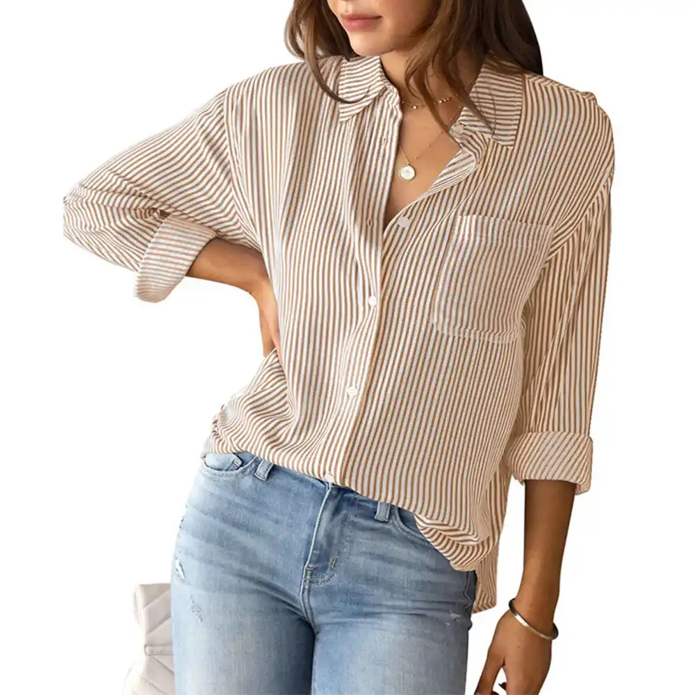 Women Striped Shirt with Button Long Sleeve Lapel Collar Casual Cardigan Blouse for Autumn Khaki XXL