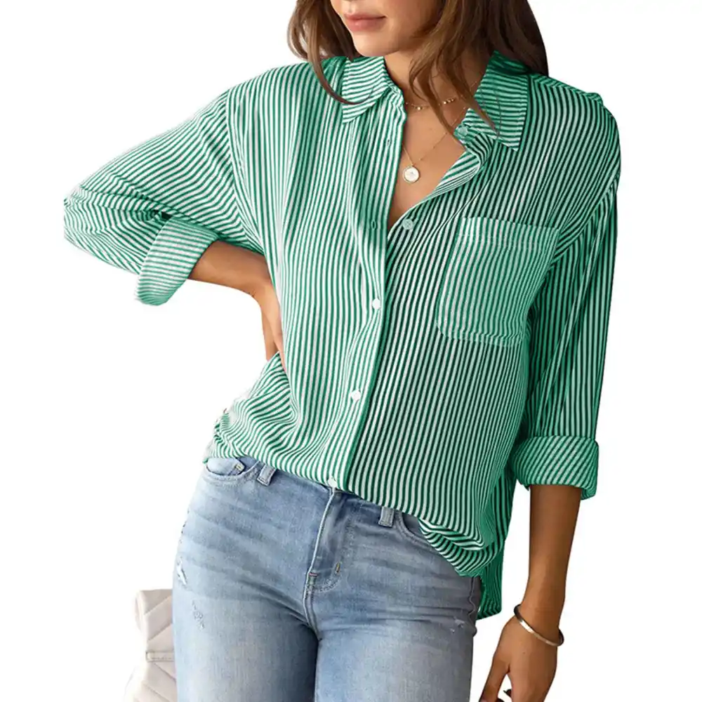 Women Striped Shirt with Button Long Sleeve Lapel Collar Casual Cardigan Blouse for Autumn Green L