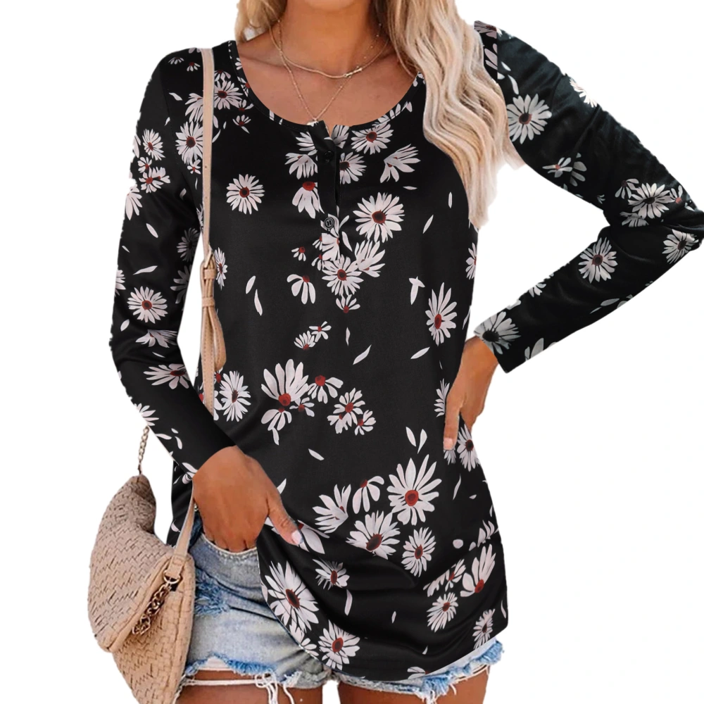 Loose Fit Blouse Round Neck Long Sleeves Print Women Casual Top Button Women Casual Top Black L