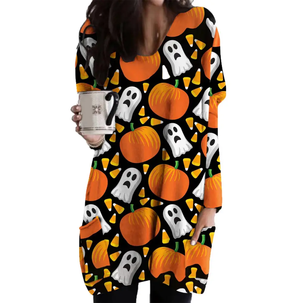 Women Dress One Piece Sleep Skirt Halloween Design Long Sleeve Crew Neck with Large Pockets Type 2 M