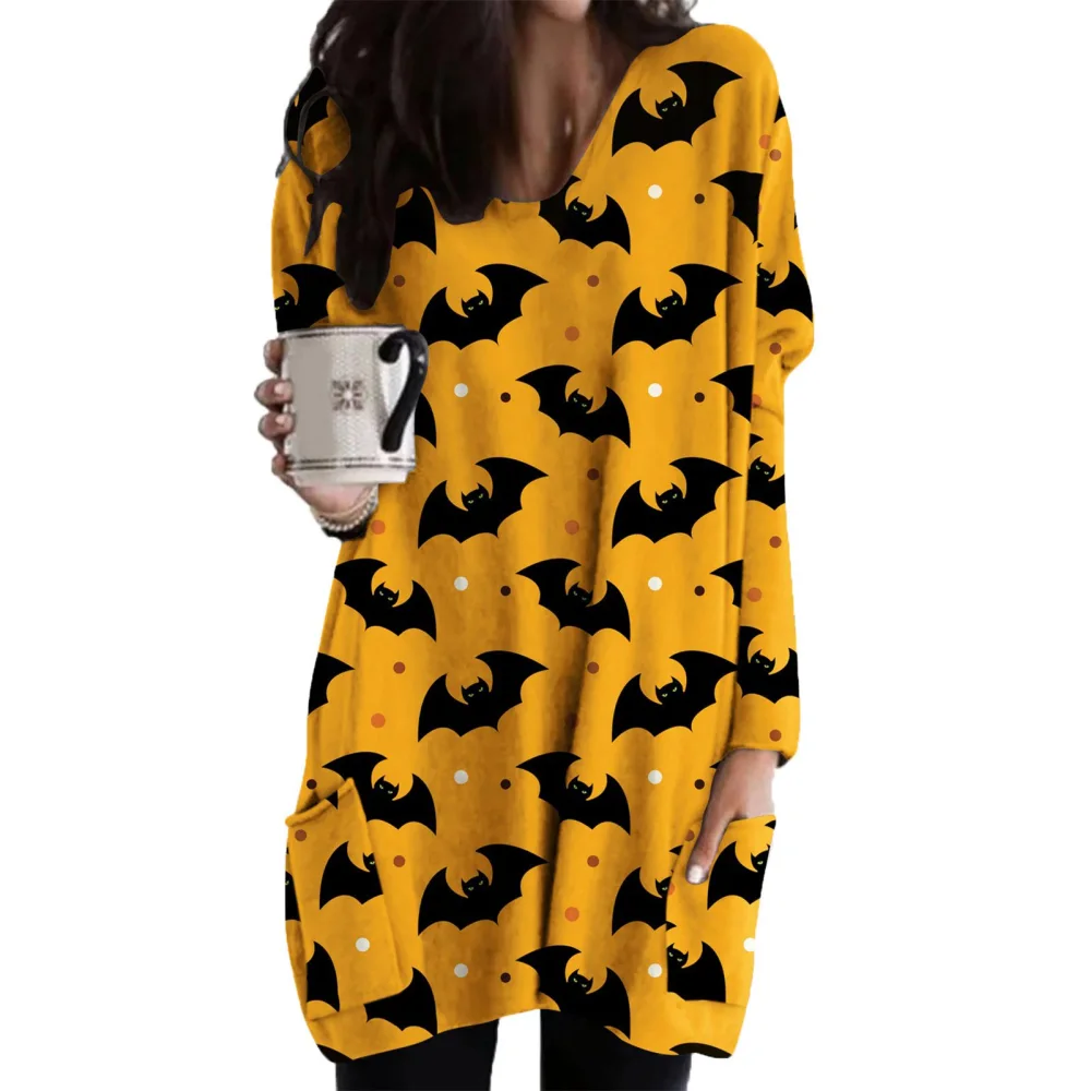 Women Dress One Piece Sleep Skirt Halloween Design Long Sleeve Crew Neck with Large Pockets Type 1 L