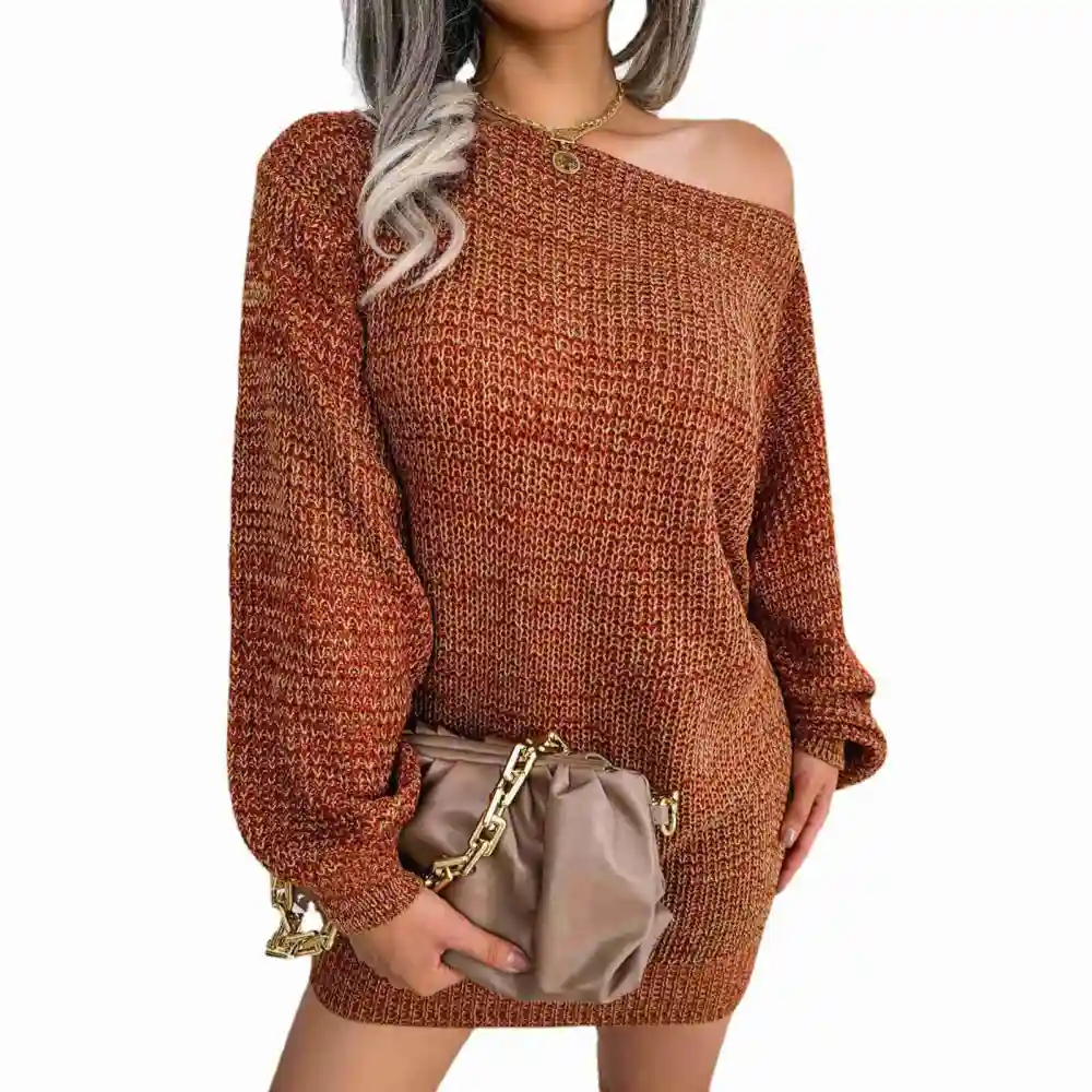 One Shoulder Sweater Dress Package Hip Puff Long Sleeve One Line Collar Knitted Sweater for Women Orange L