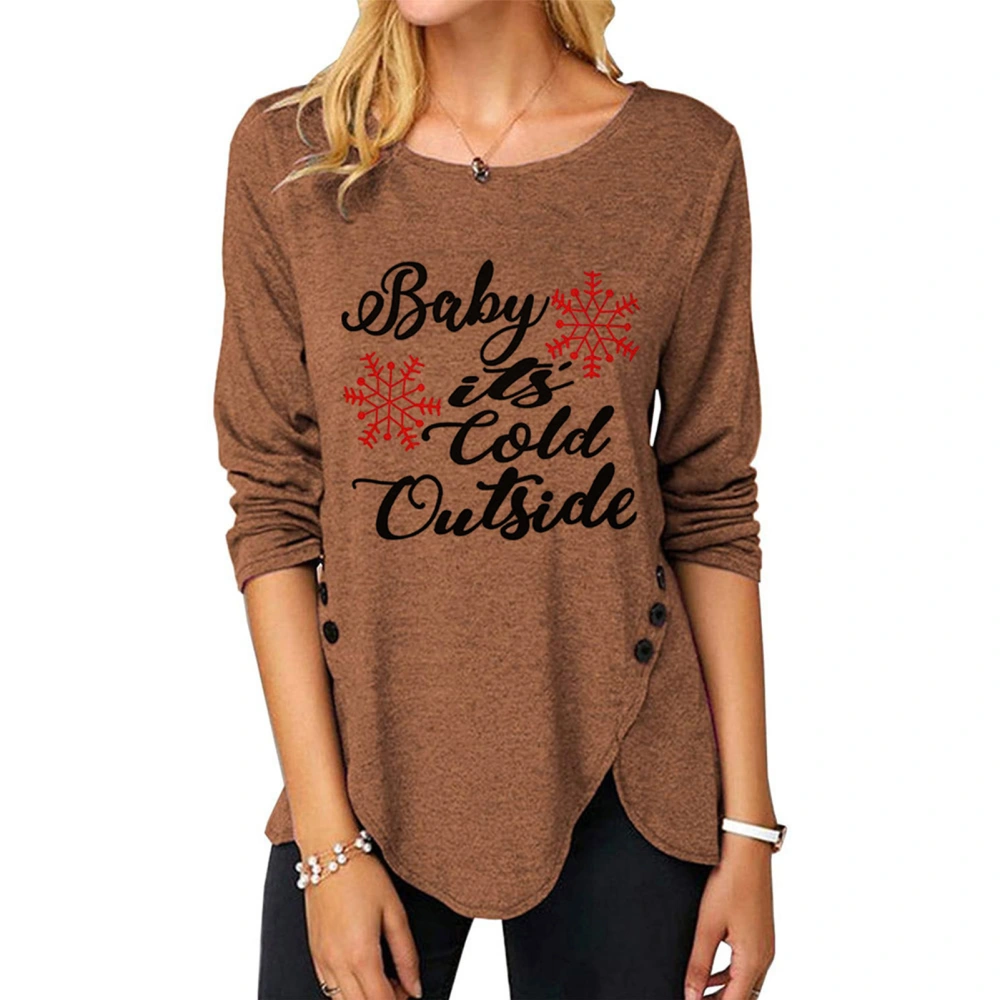 Blouse Print Round Neck Irregular Hem Button Long Sleeve Fashionable Tops for Women Khaki S