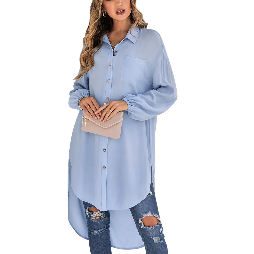 Woman Long Lapel Shirt High Low Button Down Long Sleeve Loose Fit Collared Blouse Blue S